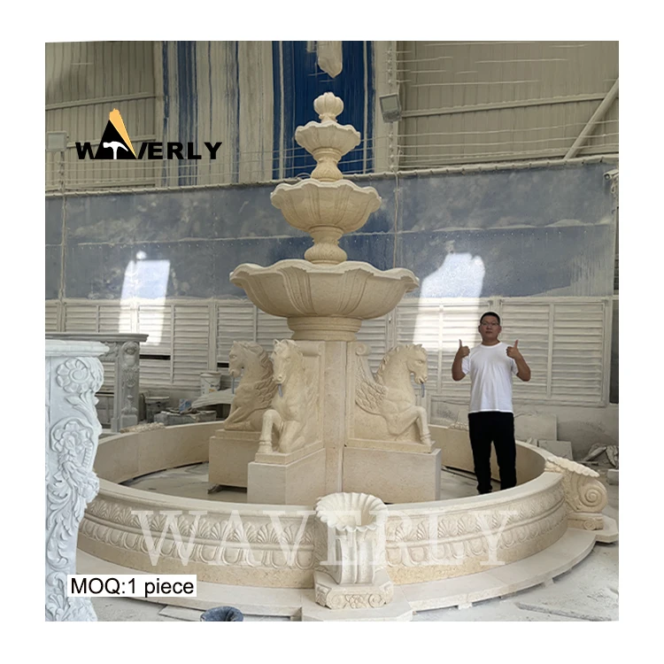 Popular European Modern Stone Horse Water Fountain Garden Decoration Hand Carved Outdoor Egyptian Beige Marble Horse Fountain