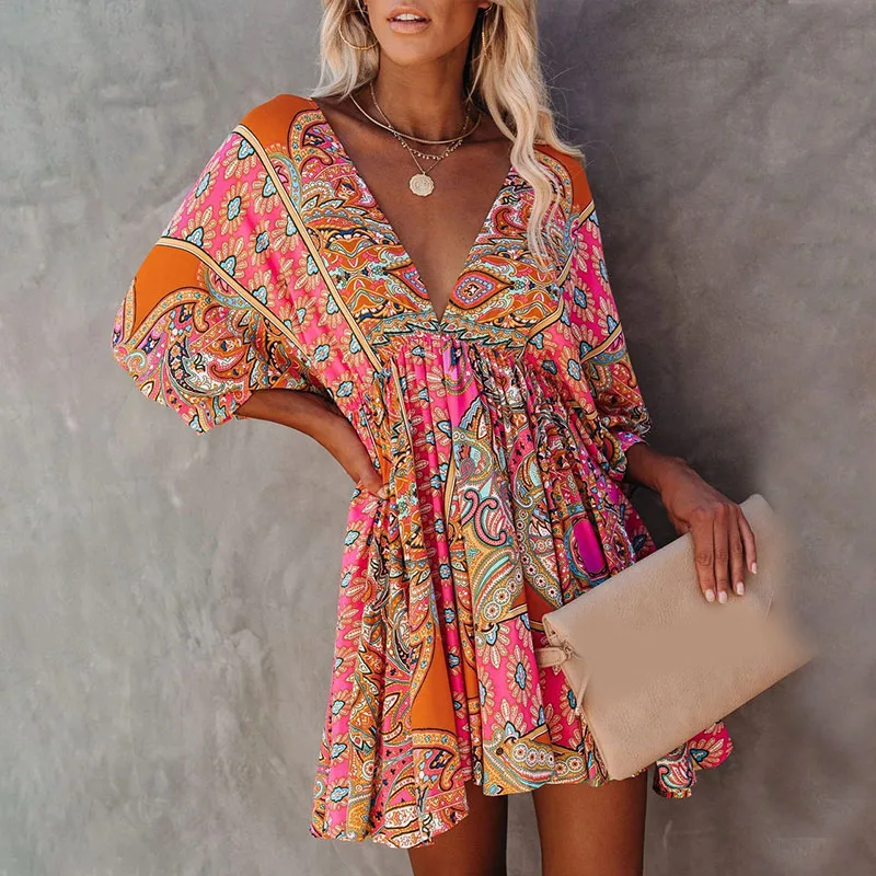 Boho Dress Women Bohemian Floral Printed Vintage V Neck Beach Party Chiffon dresses
