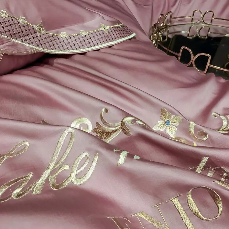 
hot sale silk bedding sets embroidery design tencel bedding set bed sheet and duvet cover set 