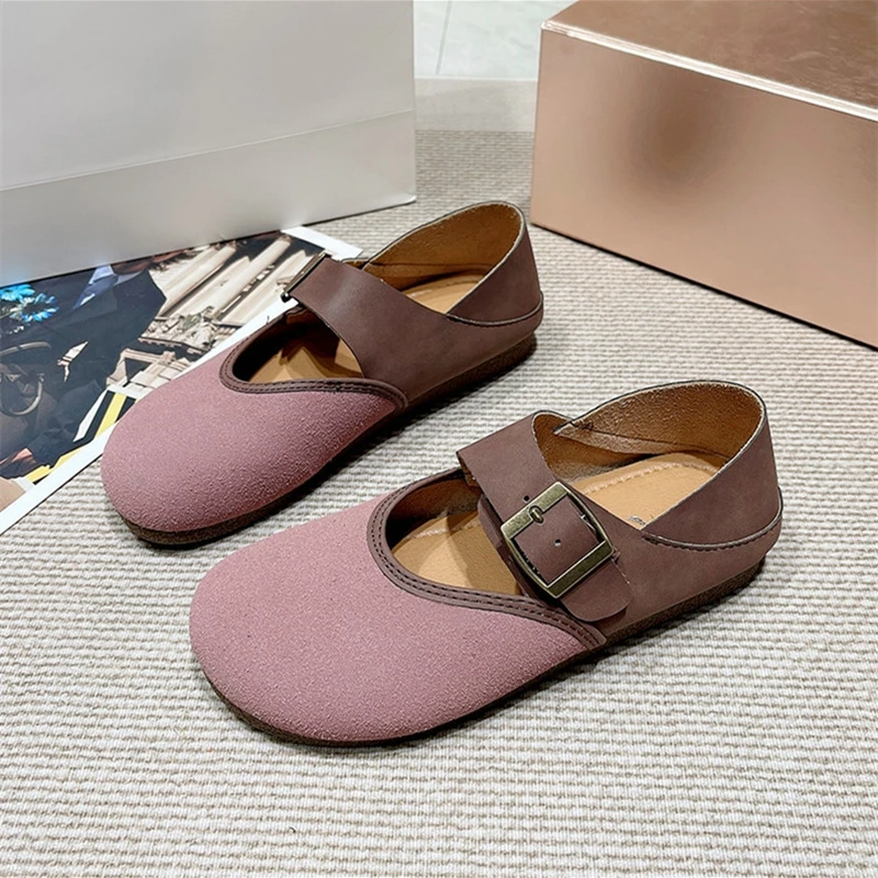 Hot Selling Girls Round Toe Soft Sole Mary Jane Shoes Women Color Blocking Flat Loafer Shoes With Buckle