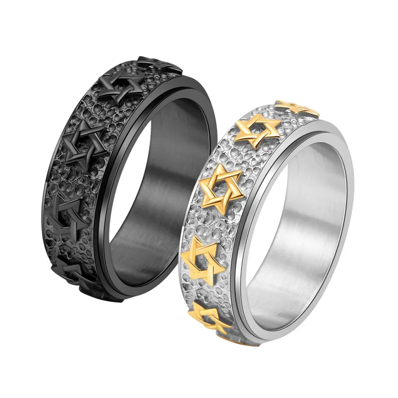 NUORO Hip Hop Trendy Stainless Steel Ring Jewelry For Women Men Cool Personality Jewish Star of David Hexagram Rotatable Ring