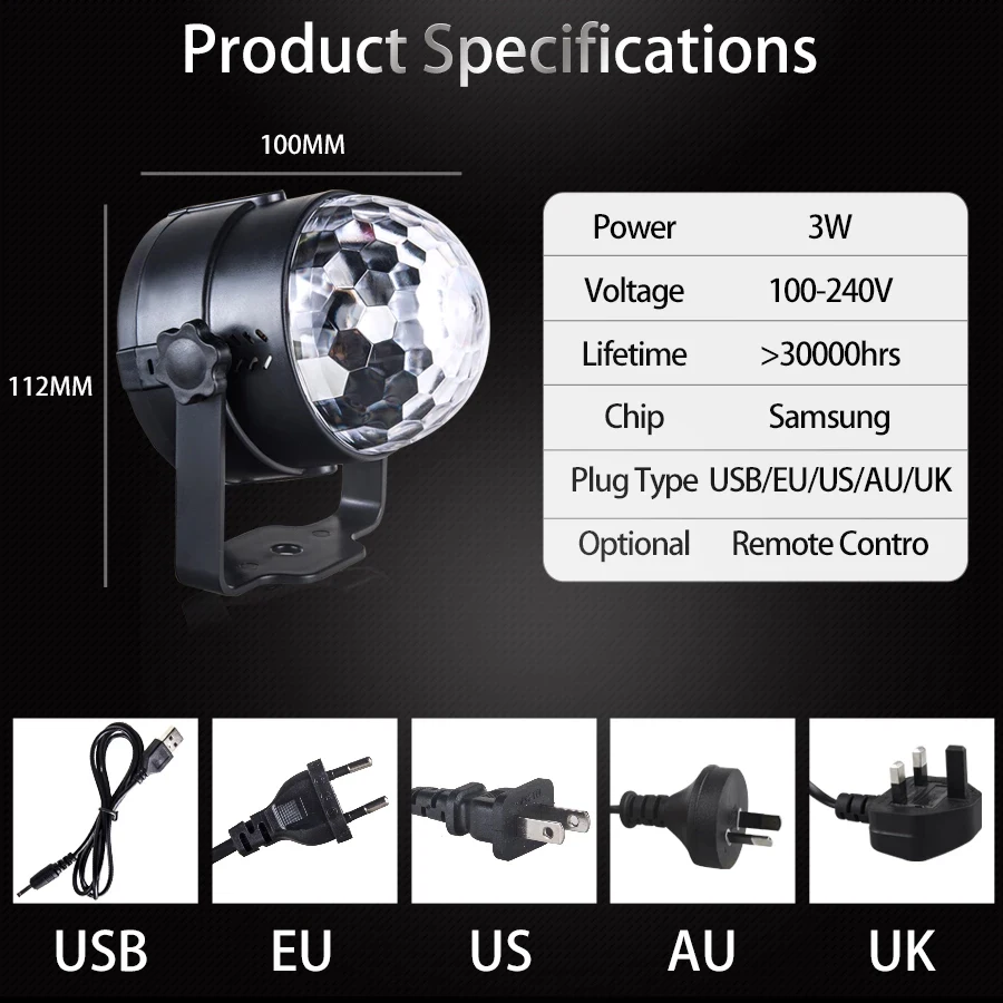 Sound Activated Rotating Disco Ball DJ Party Lights 3W 3 LED RGB LED Stage Light For Christmas Wedding Sound Party Lights