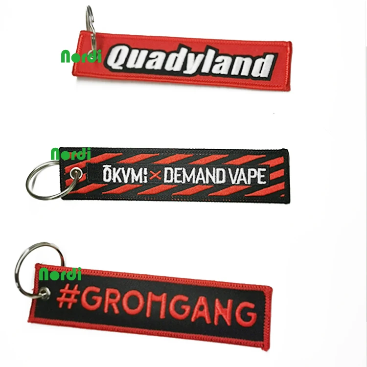 OEM Double Side Embroidery Fabric Keychain Logo Custom Woven Key Tag Key Ring Jet Tag