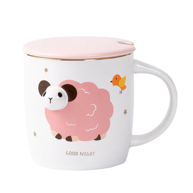 Stereoscopic Cartoon Sheep Mug Cute Girl Ceramic Mug Home Creative Water Mug with Lid Spoon