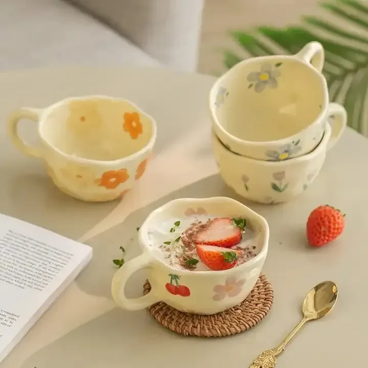 2023 ins Korean style milk yellow hand pinch irregular ceramic hand-painted cup ceramic coffee cup breakfast cup