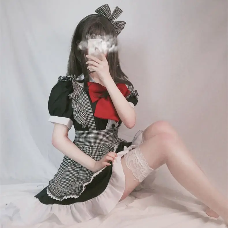 Black and white plaid Maid Dress Lolita Lovely Japanese Lolita Cafe Waiter
