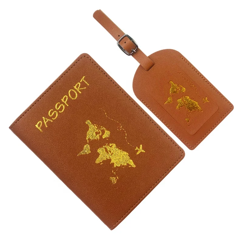 2024 Map Gold Logo luggage Tag Travel wallet Passport Holder PU Leather Passport Holder Cover And Luggage Tag Set