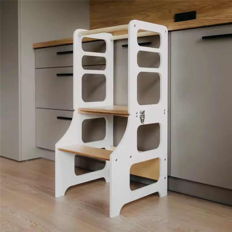 Montessori Foldable Wooden High Chair Set Transformable Toddler Tower & Kids Desk Chair for Kitchen for Learning & Play