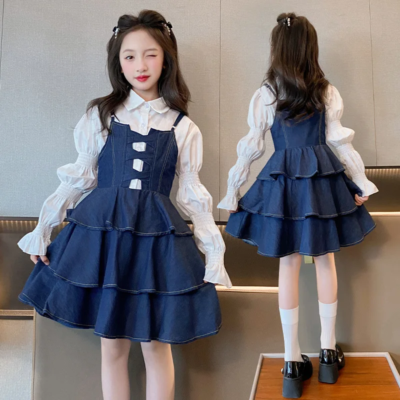 2023 New Fall Teenagers Girls Back to School Outfits Set White Solid Long Sleeved Blouse + Ruffle Denim Jumper Dress 2pcs