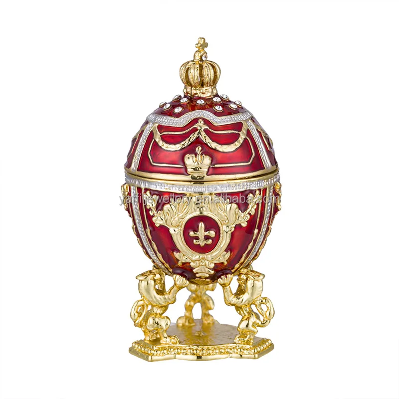 Hand-Painted Red Faberge Egg with Gold Finish,Rhinestones, Enamel Jewelry Trinket Box