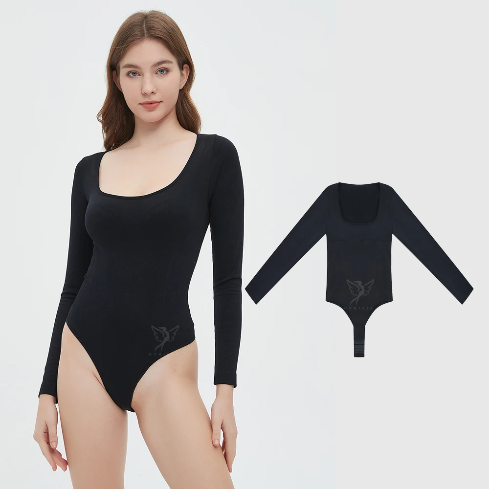Hygieia Custom Black Long Sleeve Shape Wear Bodysuit Jumpsuit Seamless Slim Shapewear Thong for Women