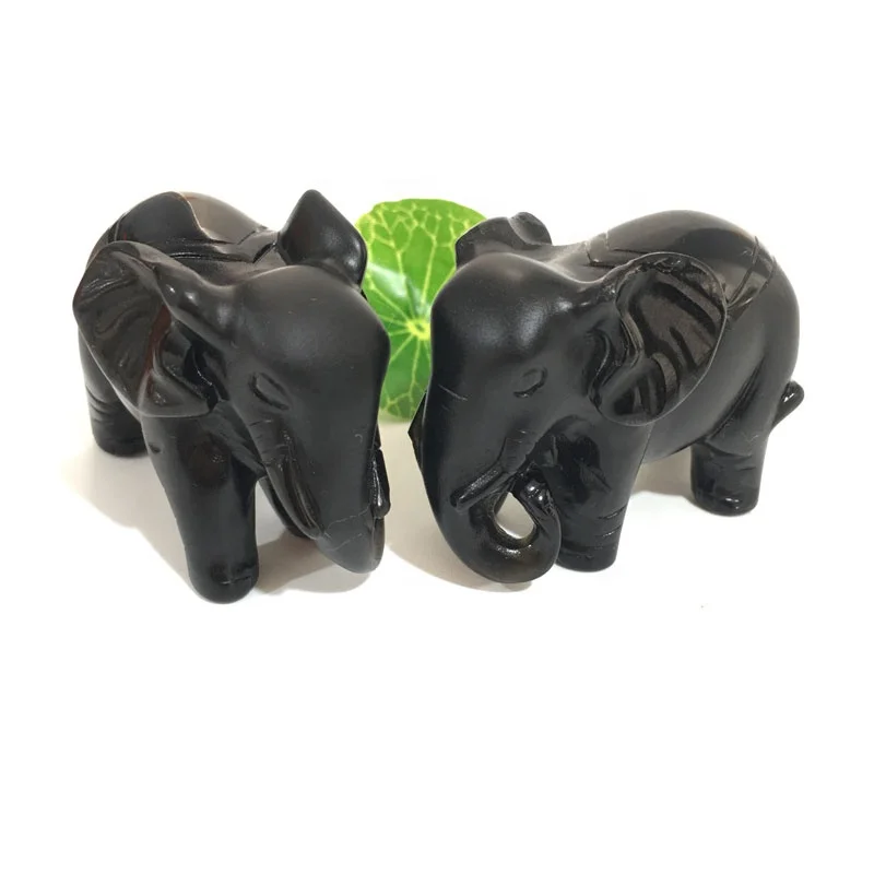 Wholesale Natural Quartz Carved Cute Animal  Elephant Statue Crystal Black Obsidian Carving For Gift