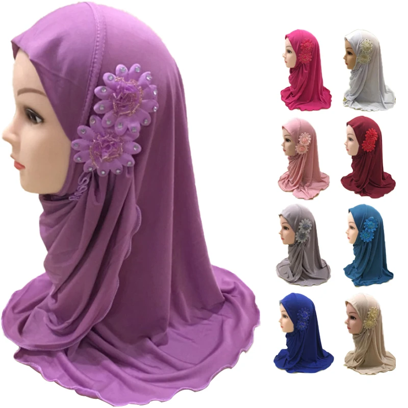 Factory Direct Sale Fashion Popular Muslim Little Girl Hijab Prayer Hijabs Arab Two Flower Kids Hijab