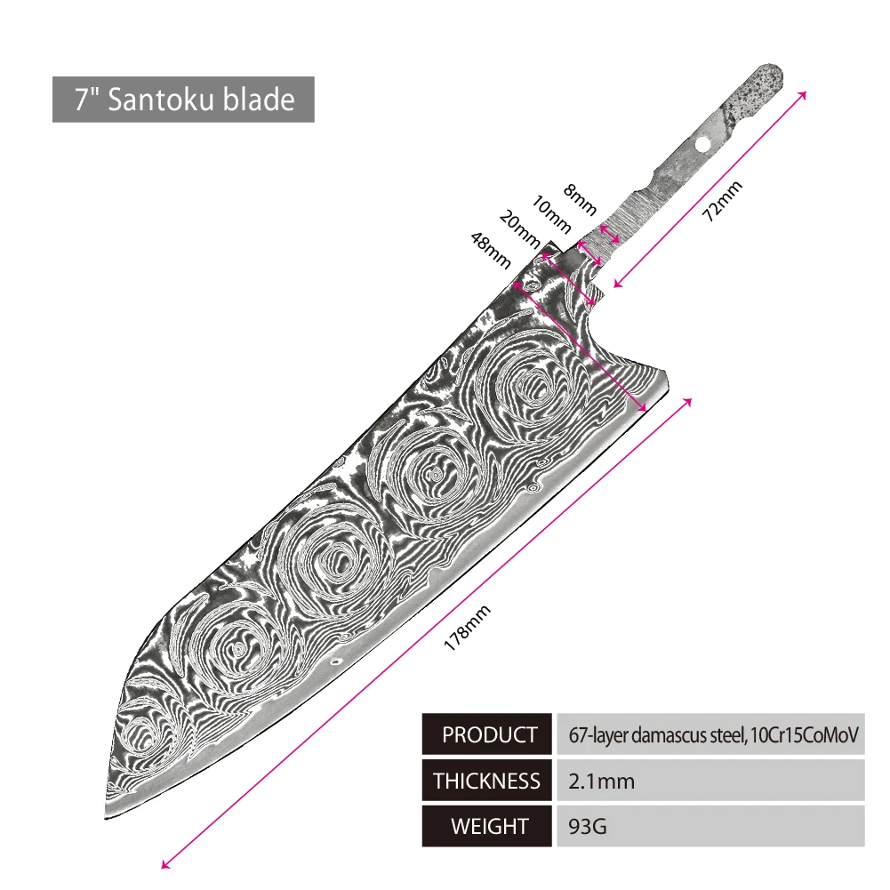 Big Rose Pattern custom handmade high quality 67 layers damascus steel blank blade knives full tang fixed blade kitchen knife