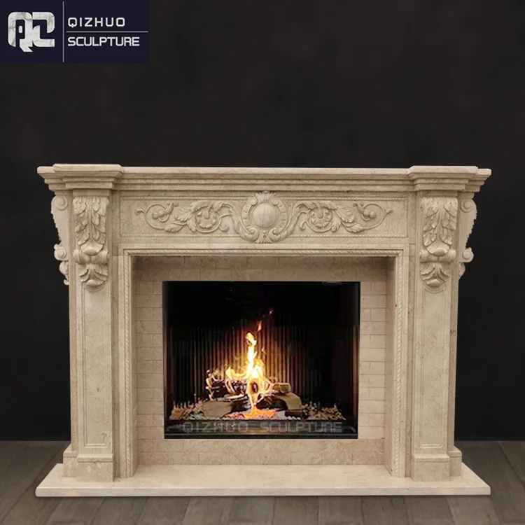 Classic Style Hand Carved Interior Home Usage Decorative Natural Stone Egypt Cream Marble Fireplace Mantel Surround