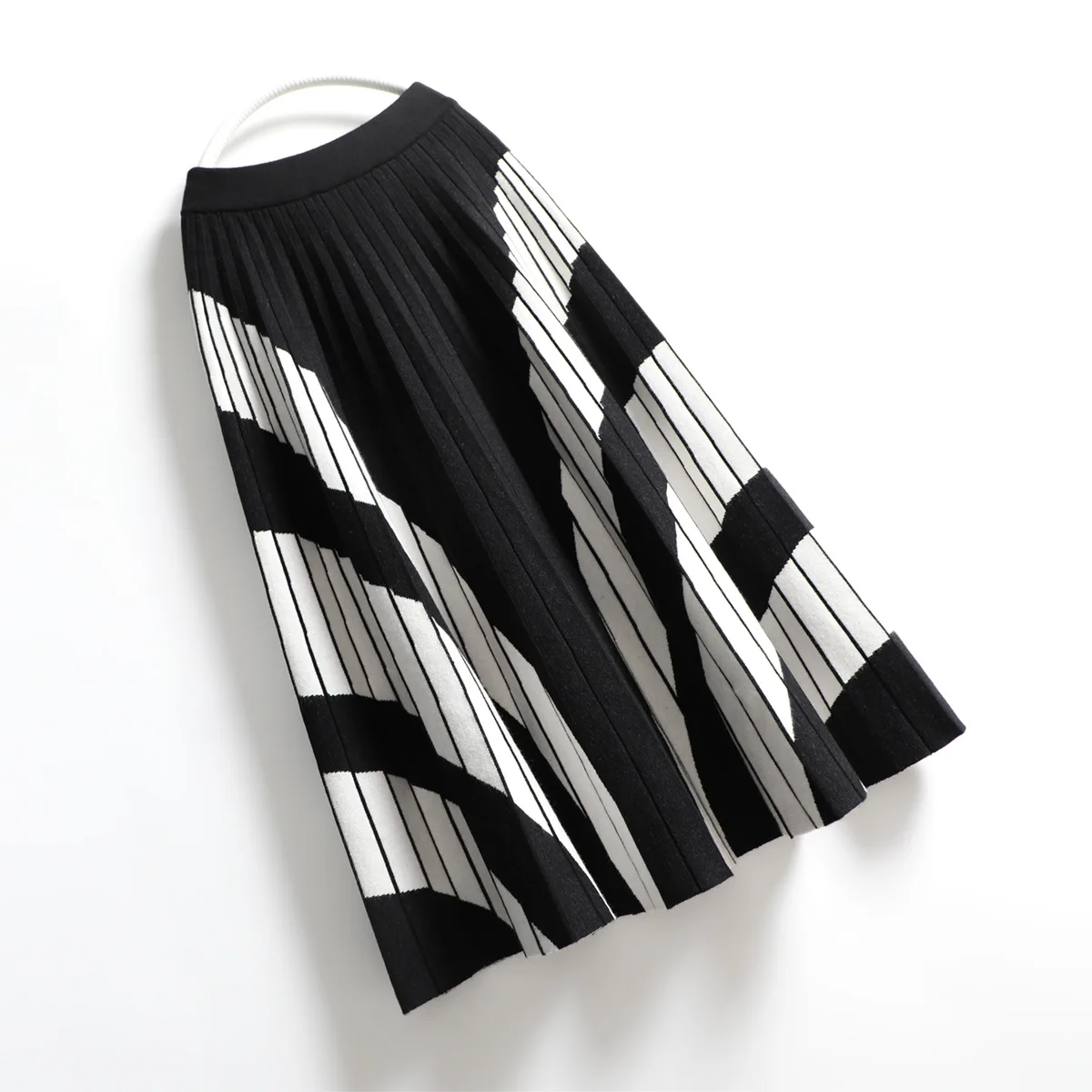 Women Fashion Color Blocking A Line Midi Long Skirt Stretch Waist Pleated Autumn Winter Knitted Pleated Skirt