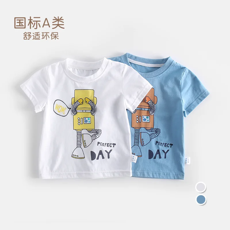 2023 New Summer Toddler Kid Boy Cotton Blue White Cute Print Short Shirt 1-6 Years
