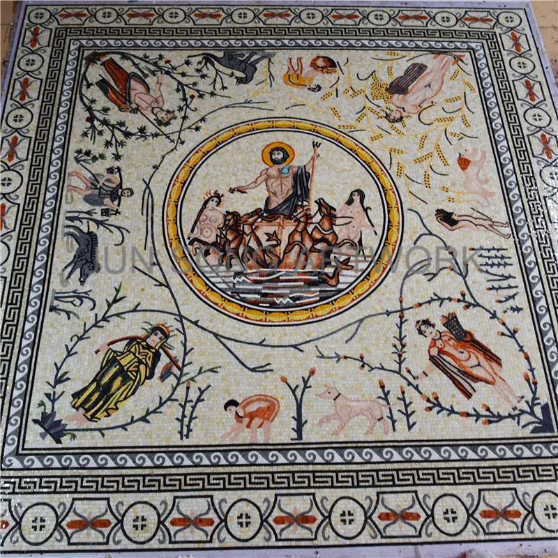 JS MHP-MY04 Poseidon Mosaic Rug Greek Myth Artistic Handmade Glass Mosaic Floor Tiles Design