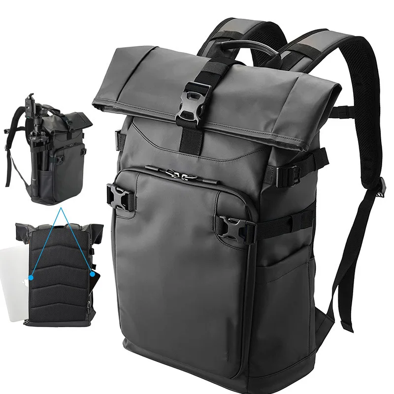 Shockproof Roll-Top Backpack for SLR Breathable Outdoor Waterproof Camera Bag Fits Canon Nikon Sony Digital Gear Equipment