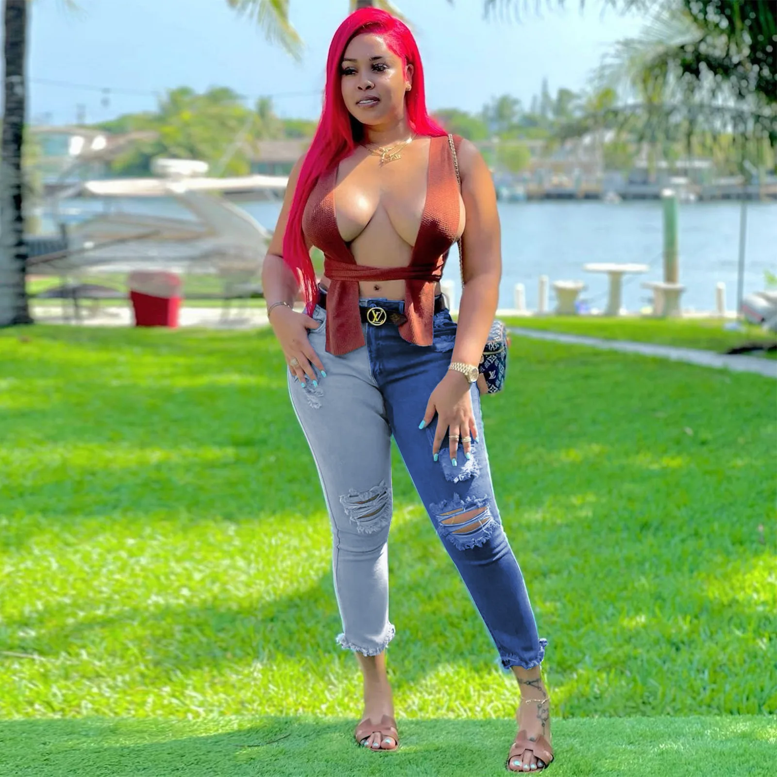 Amazon Quality Styles Women Contrast Color Blue Jeans Patchwork Ripped Jeans Pants For Women