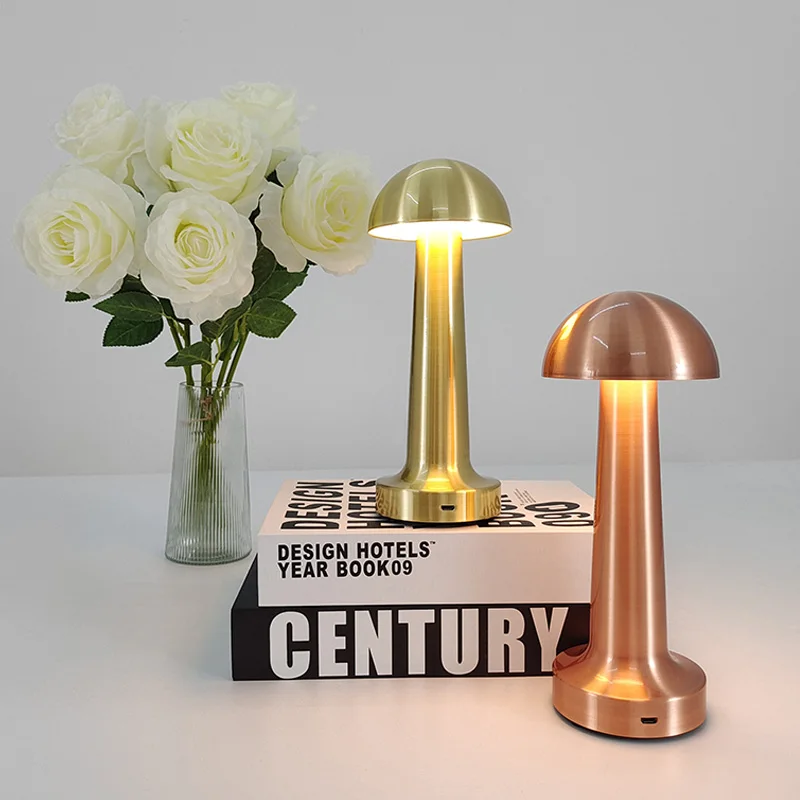 Nordic Vintage Mini Table Lamp Gold Bar Mushroom Metal Design Cordless Rechargeable Dumbbell Portable Mini Touch Table Light