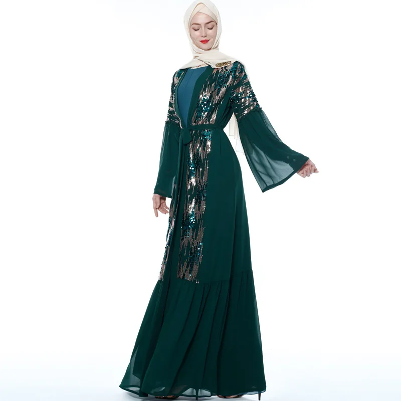Sequin Patchwork Cardigan For Muslim Women With Long Sleeves Chiffon Outside Open Abaya Muslim Dress