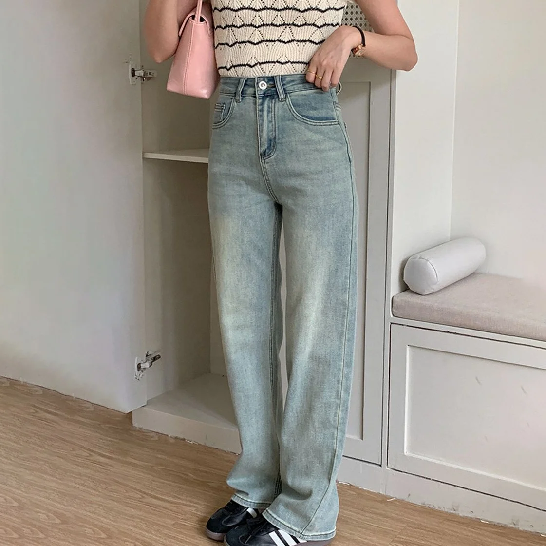 Custom Jeans Womens Light Blue Washed Straight Denim Pants High Quality Cotton Wide Leg High Waist Plus Size Women Jeans