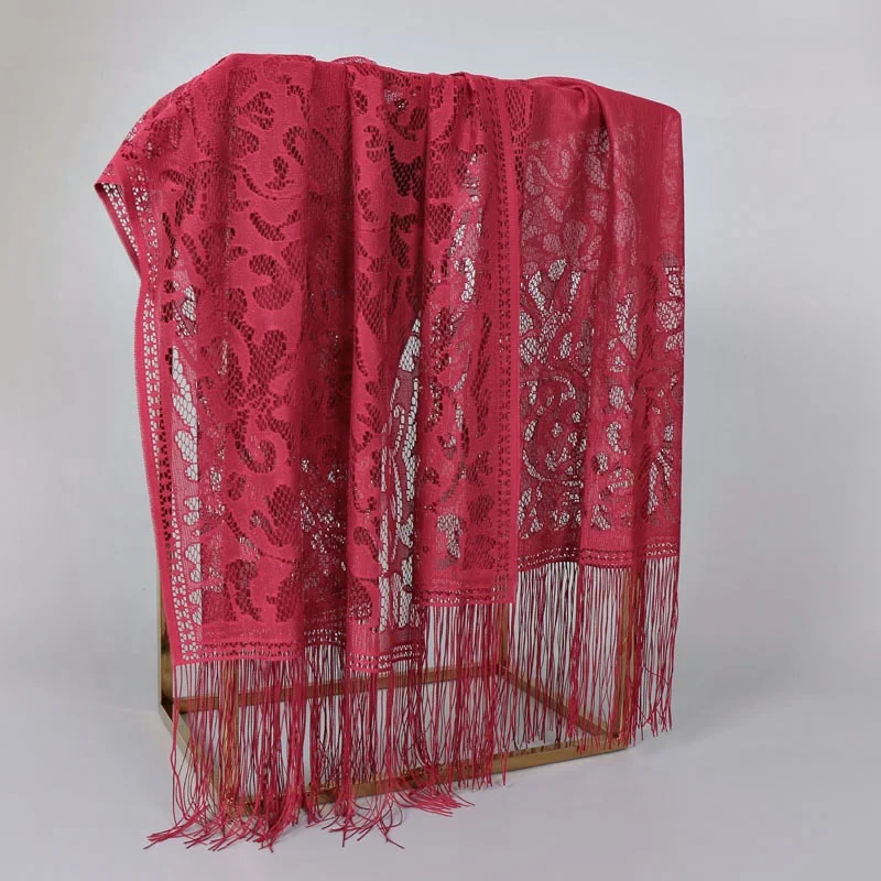 JYL Fashionable Hollow Out Hijab Malaysia Pure Color Elegant Headwrap Kerchief Muslim Scarf With Tassel