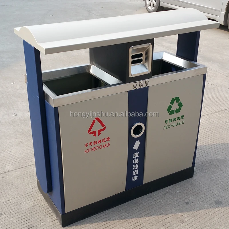 Modern design outdoor trash can stainless steel metal trash bin 2 in 1 waste container