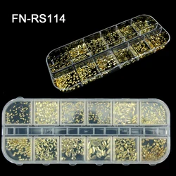 wholesale stock boxes gold 12 designs 3D Metal nail art decoration kit accessories for Beauty Charms Rivet