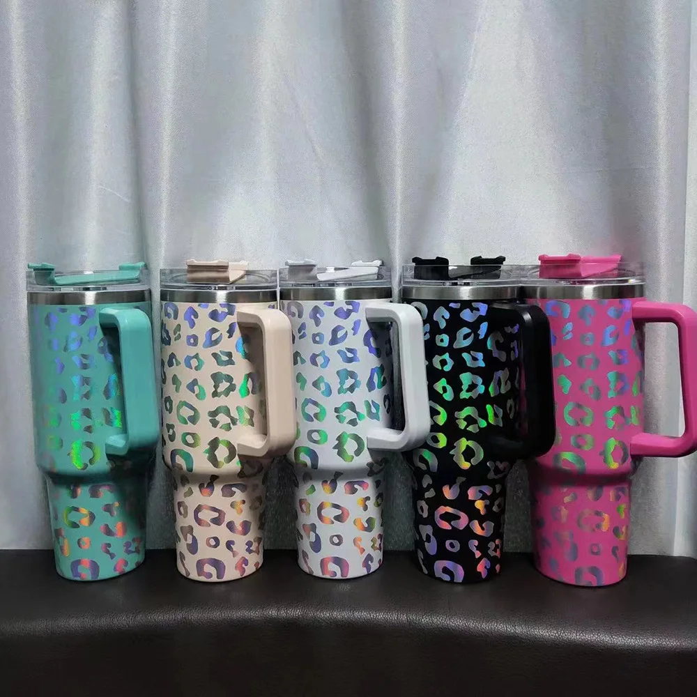 New High Capacity Laser Leopard print with handle 40OZ Double Layer Insulation Rainbow Car Cup with Straw