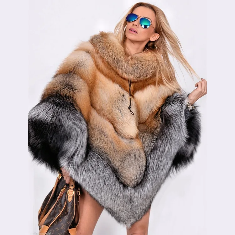 Jtfur Winter warm high quality luxury women furry cape coat cloak real fox fur shawl