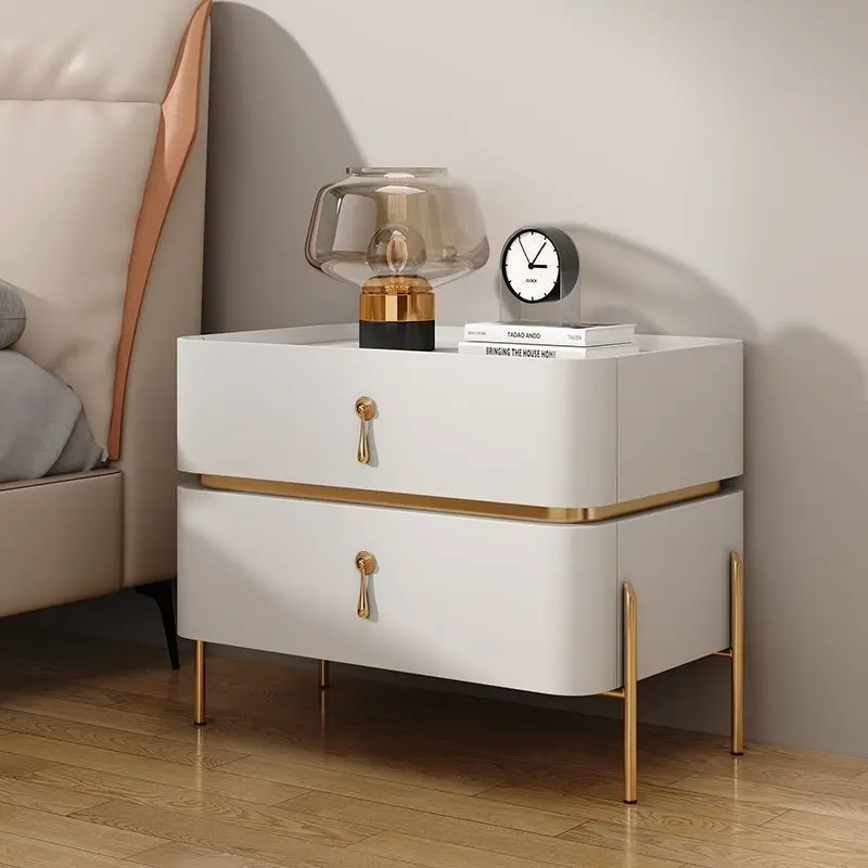Italian Luxury Gold Metal Frame Durable Leather Beside Table Furniture Night Stand For Bedroom