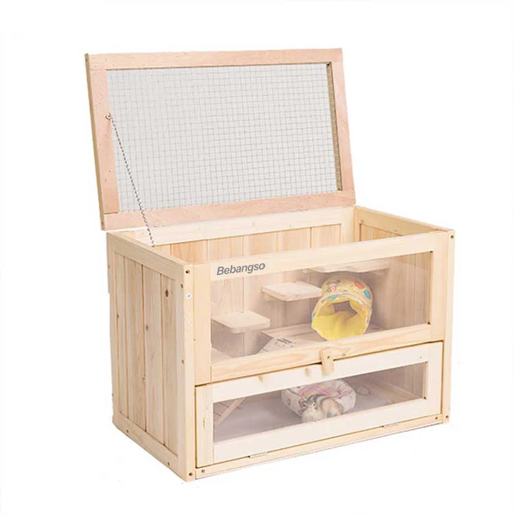 
 Bebangso Wholesale Luxury Natural Wooden Custom Hamster Cages Pet Double Layer Breathable Hamster House  
