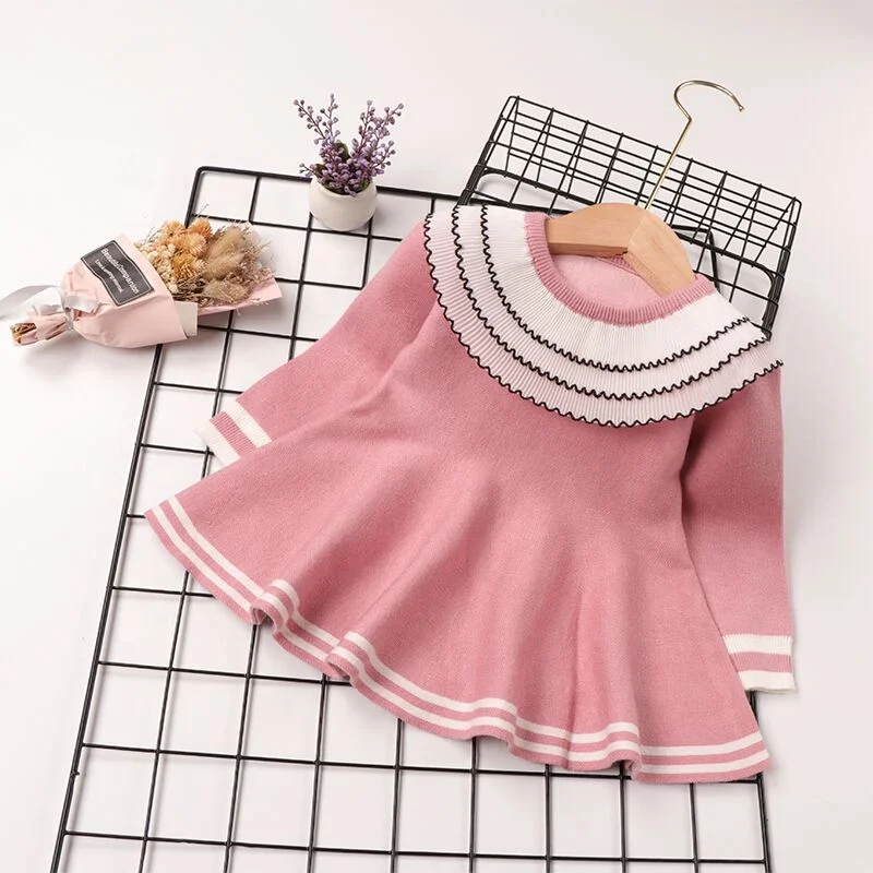 Wholesale Fancy Boutique Lace Neckline Spring Autumn Kids Clothing Girl Sweater Baby Dress