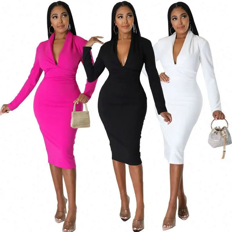 Hot Sales Bodycon Long Sleeve Midi Dress Solid Color Elegant Office Wear Dresses Women Formal Work Career Dresses For Ladies
