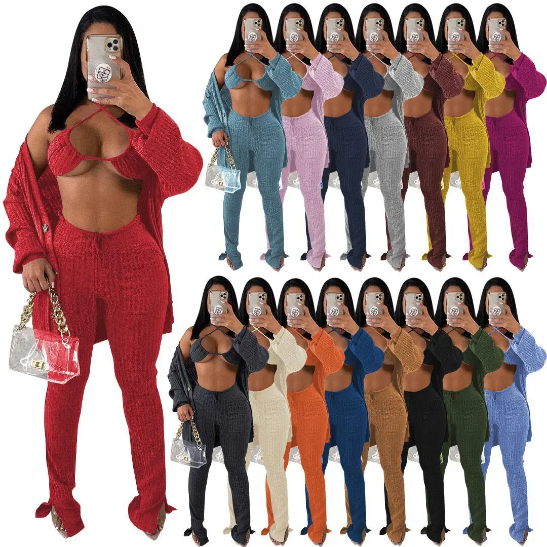 Осенний однотонный вязаный кардиган из шерстяной ткани, женские брюки с узлом, нижнее белье, комплекты из 3 предметов, женские комплекты одежды