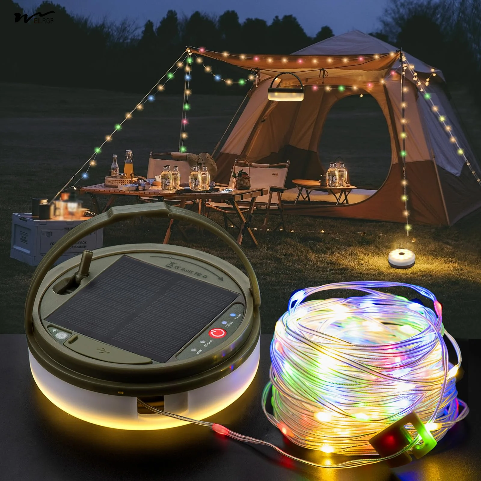 Solar Camping String Lights, 4 in 1 Camping String Lights Outdoor(39.4ft) with 8 Lighting Modes Solar Powered