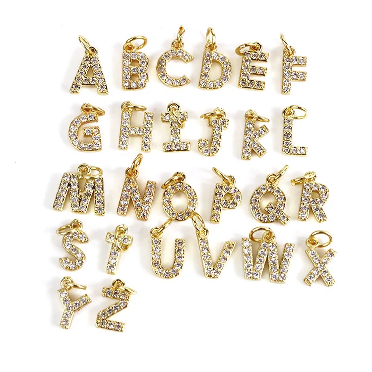CZ7986 Tiny Dainty Mini 18k Gold CZ Initial Charms,Clear CZ Pave Gold Uppercase Initial Charms 26 Letter Alphabet Pendant Charms