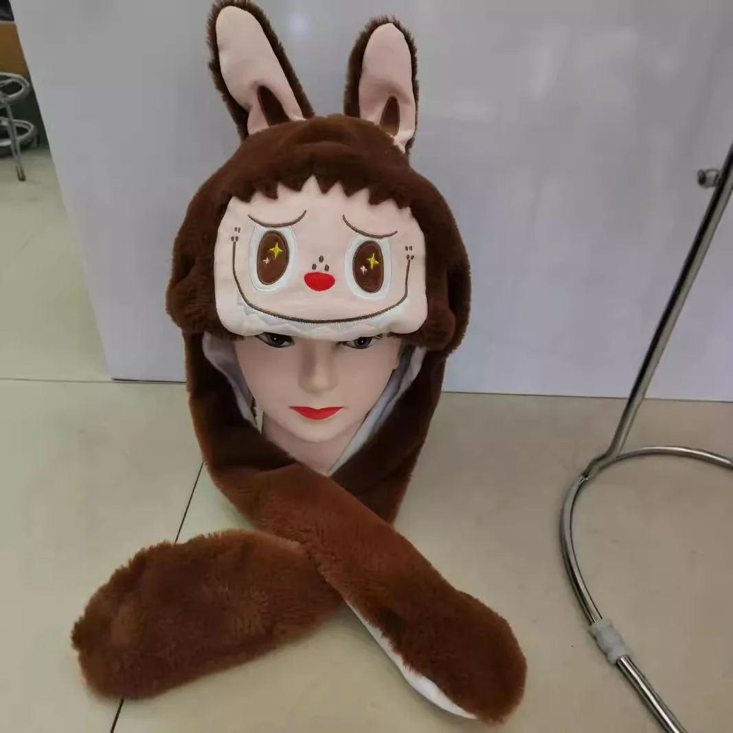 Ruunjoy new cartoon labubu plush hat Ears Move cute labubu figure rabbit soft winter cover ear hat LED Plush hat Christmas gifts