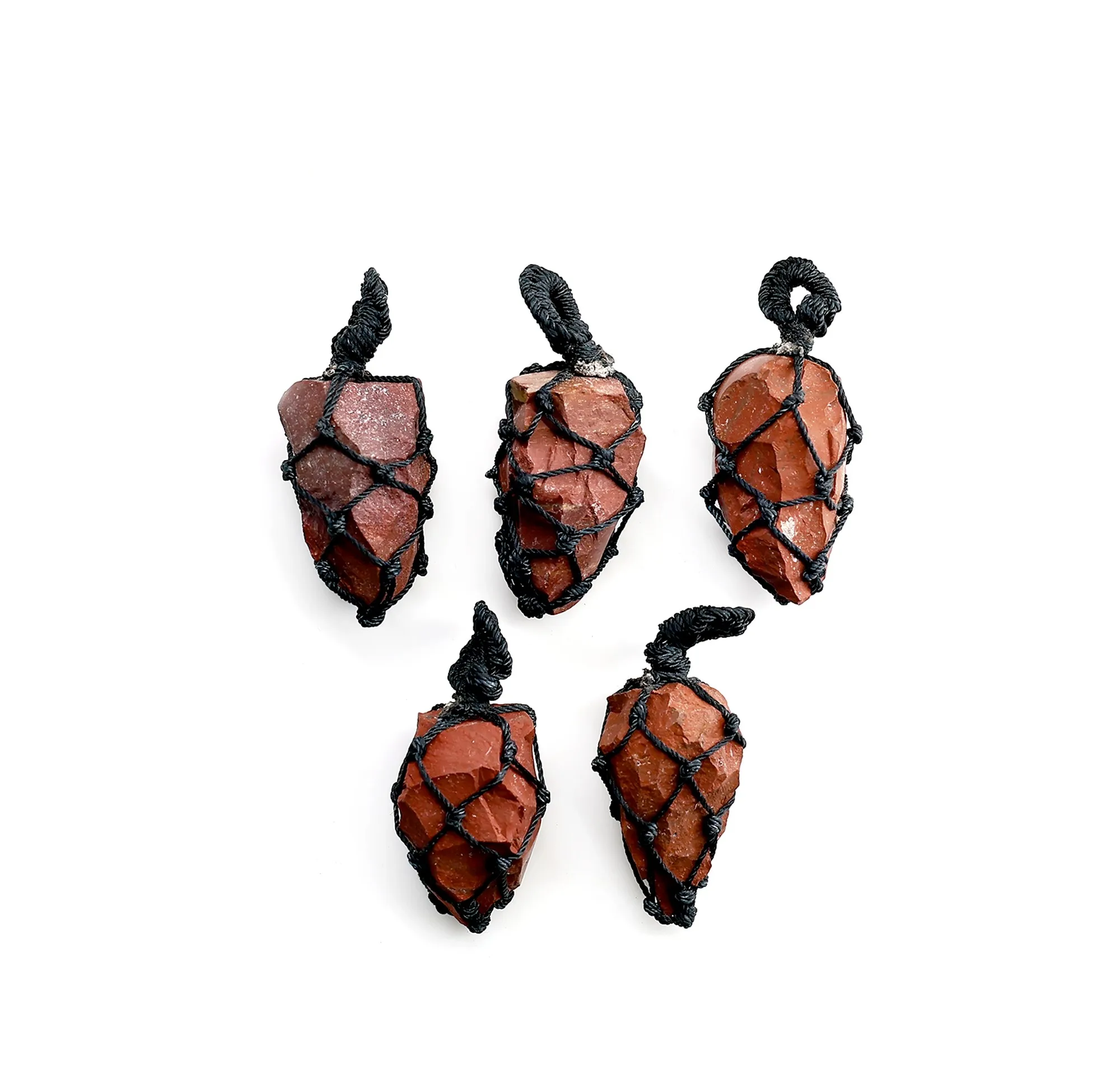 Raw Crystal Gemstone Red Coral Macrame Pendant Necklace