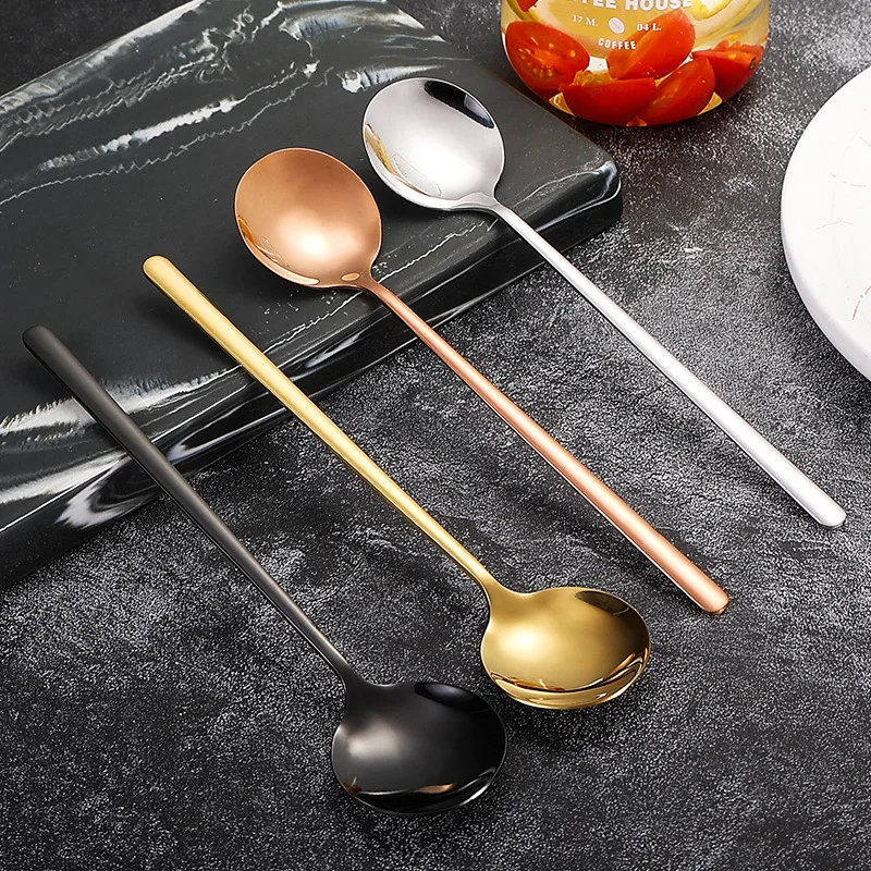 Coffee Spoon Stainless Steel Round Head Long Handle Ice Cream Stirring Dessert Honey Mixing Spoon Kitchen Tableware Decoration