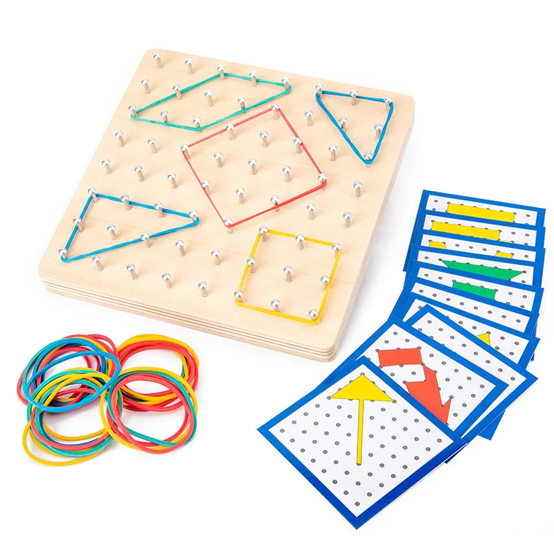 Montessori Wooden Creative Graphics Rubber Iron Nail Board with Cards Shapes and Colors Practical Life Skills Preschool Kids 2-4