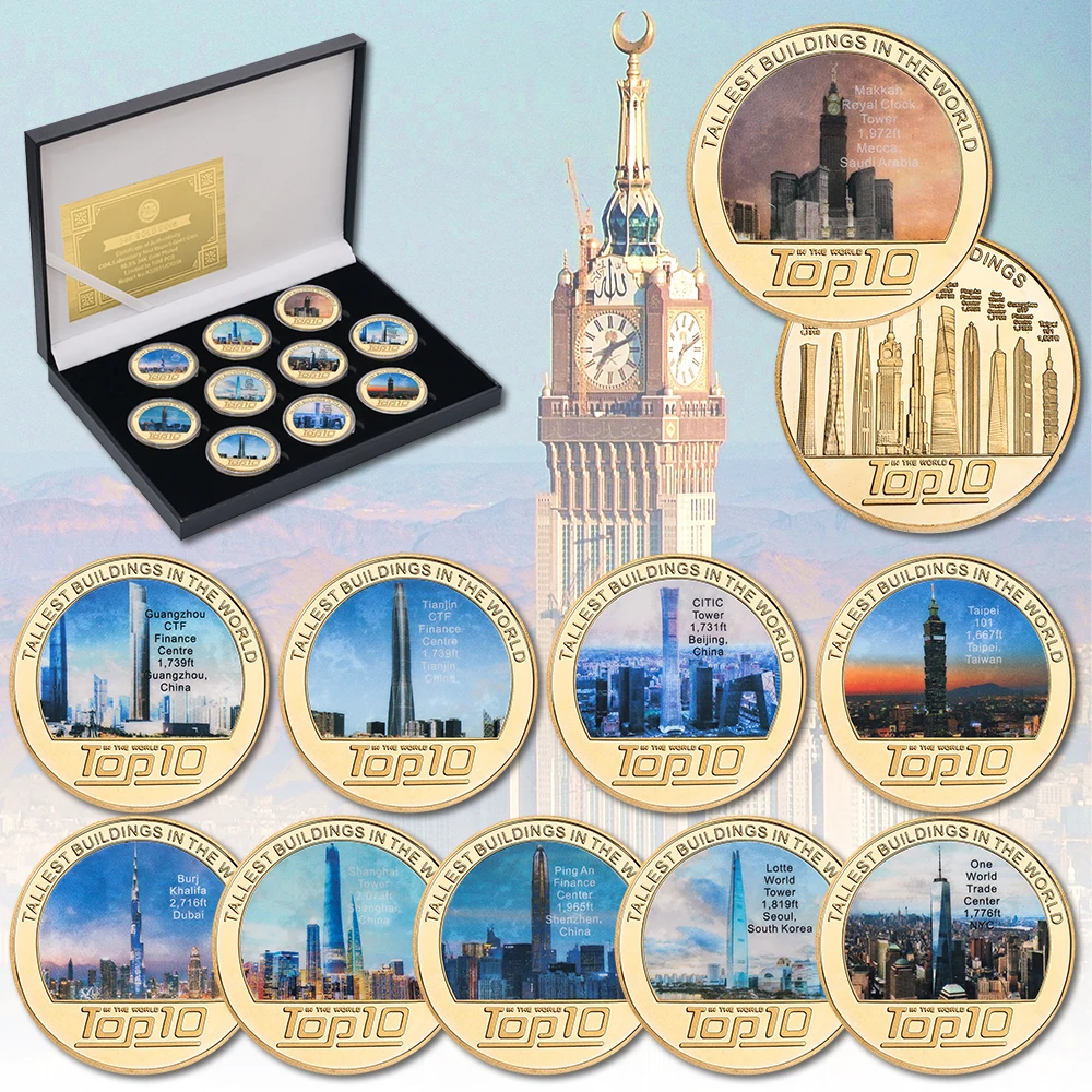 Wholesale 10PCS Top Tallest Buildings in the World Gold Plated Zinc Alloy Metal Commemorative Coins Set for Collection
