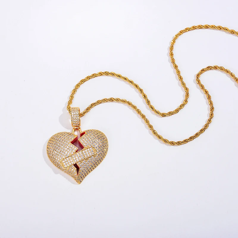 Gold Broken Heart Pendant Chain Hip Hop Iced Out Crystal Couple Jewelry Gift Break Broke Broken Heart Necklace for Couples