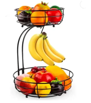 2 Tier  Countertop Organizer Vegetable  Holder Rack Kitchen Storage Fruit Basket With Banana Hook