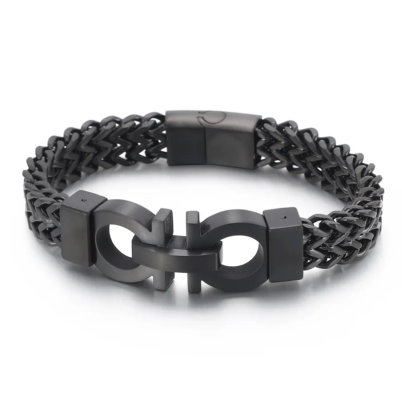 KALEN Mens 220mm Vintage Stainless Steel Ohm Mark Charm Herringbone Bracelet with Magnetic Clasp