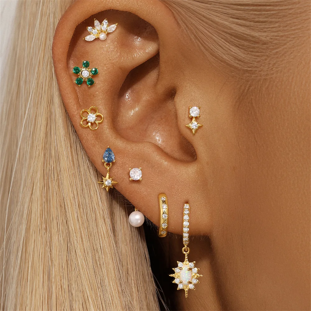 Classic 925 Sterling Silver Trio Stud Earrings Flower Love Shaped Leaf Collection White Cubic Zirconia Triple Stud Earrings Sets