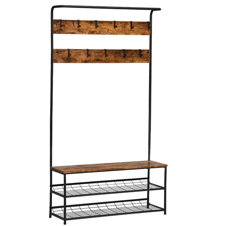 Подставка для прихожей и деревьев с металлической рамой, промышленная деревянная подставка для пальто и пальто для прихожей с хранилищем для обуви