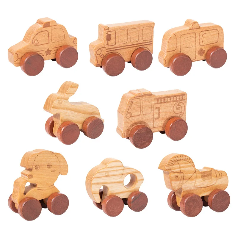 Custom logo acceptable original color animal shapes kids pull back wooden toy car